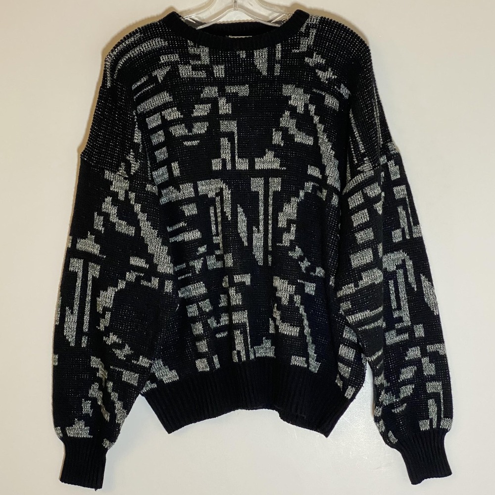 Vintage Chapel Hill Sweater Mens XL Black Abstract Geometric Knit Pullover 80s